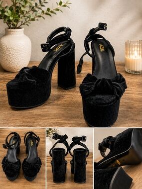 NWOT AZUL Black Velvet Platform Block-Heel Sandals